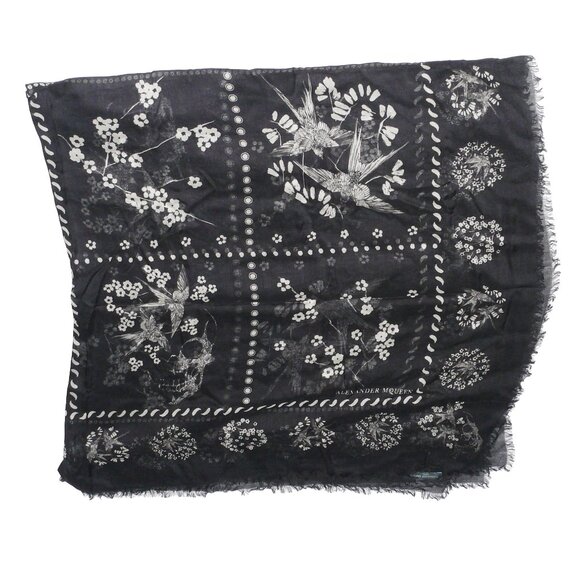 ALEXANDER McQUEEN SILK-BLEND BLACK SCARF BIRDS BLOSSOMS & SKULLS NEVER WORN - Picture 6 of 11